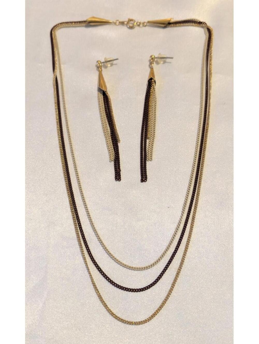 Vintage Tri-tone Chain Necklace & Dangle Earrings Set NOS Brown Ivory Gold Tone